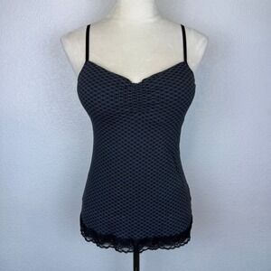 Y2K LEI Black Geometric Print Lace Trim Cami Tank Top Shelf Bra Women's Size XL